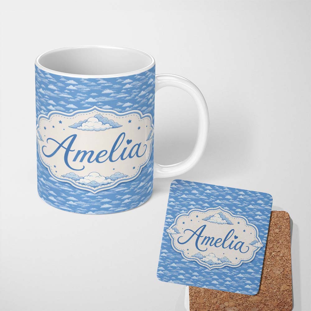 Personalized Custom Name Light Blue Sky Cloud Pattern Soft Gradient Seamless Design Lovely 11oz Ceramic Coffee Tea Mug White Large Handle
