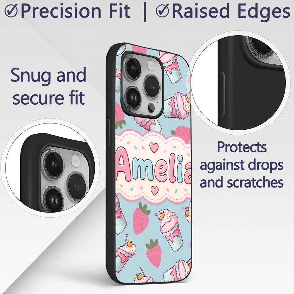 Cute Strawberry Cupcakes with Pink Frosting Blue Custom Name Protective Phone Case Mobile Cover Durable Everyday Smartphone Shock Resistant