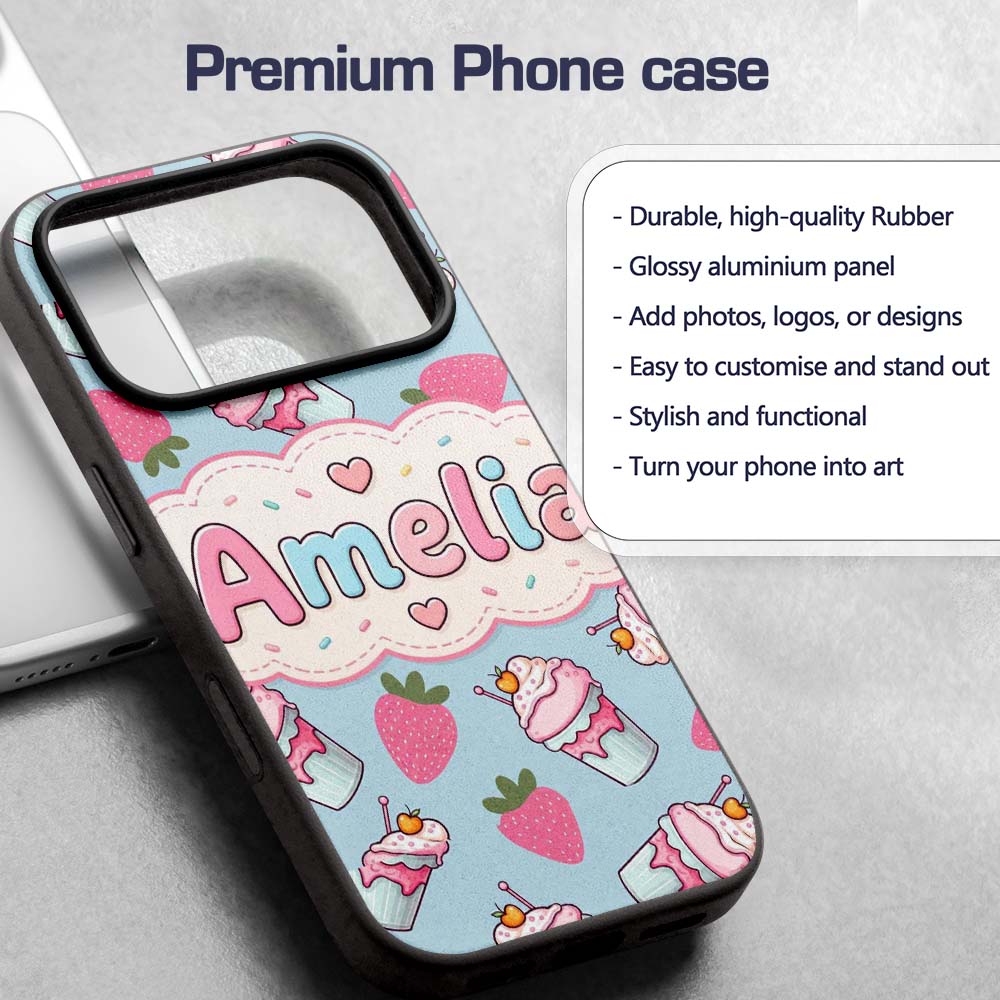 Cute Strawberry Cupcakes with Pink Frosting Blue Custom Name Protective Phone Case Mobile Cover Durable Everyday Smartphone Shock Resistant