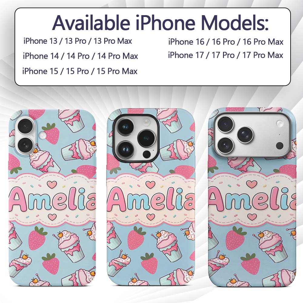 Cute Strawberry Cupcakes with Pink Frosting Blue Custom Name Protective Phone Case Mobile Cover Durable Everyday Smartphone Shock Resistant