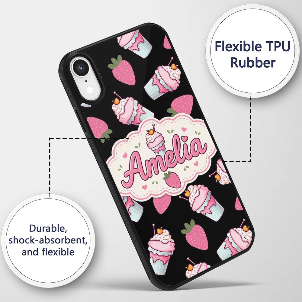 Cute Strawberry Cupcakes with Pink Frosting Black Custom Name Protective Phone Case Mobile Cover Durable Everyday Smartphone Shock Resistant