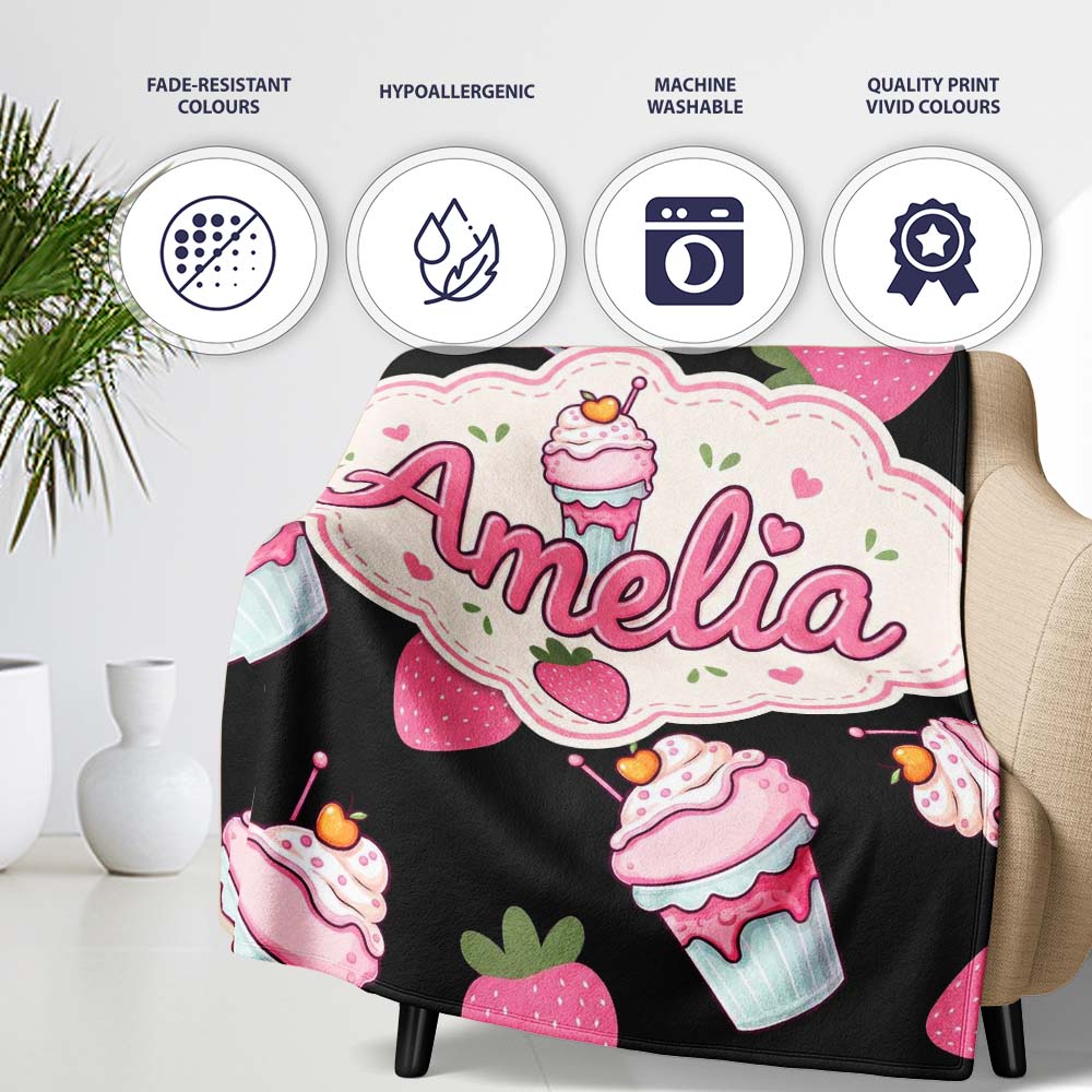 Cute Strawberry Cupcakes with Pink Frosting Black Background Personalised Custom Name Super Soft Fleece Blanket Bed Sofa Throw