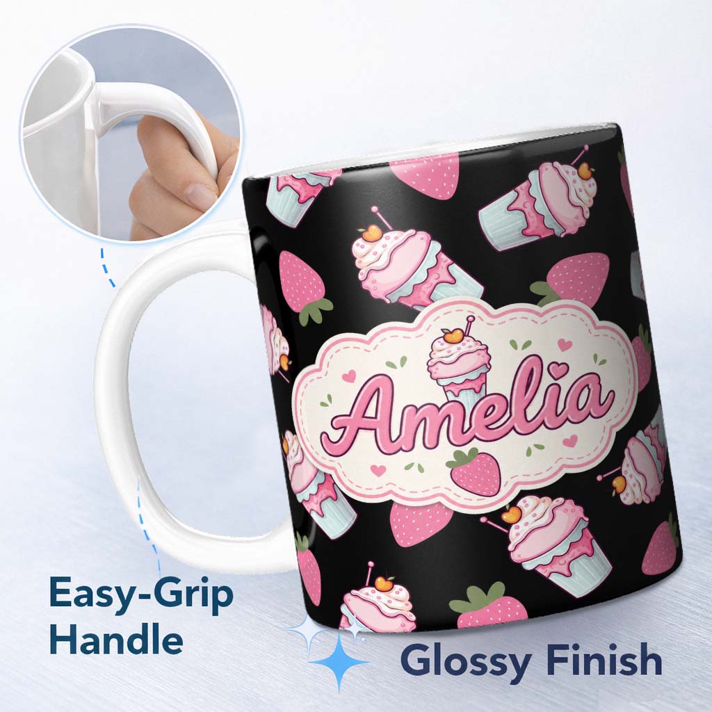 Personalized Custom Name Cute Strawberry Cupcakes with Pink Frosting Black Background 11oz Ceramic Coffee Tea Mug White Large Handle