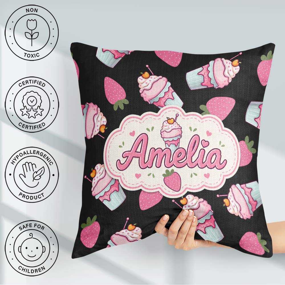 Custom Name Cute Strawberry Cupcakes with Pink Black Background Square Filled Cushion Throw Pillow Sofa Bed Home Decor Zip Washable UK Made
