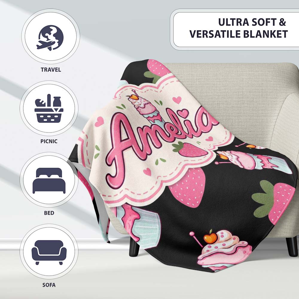 Cute Strawberry Cupcakes with Pink Frosting Black Background Personalised Custom Name Super Soft Fleece Blanket Bed Sofa Throw