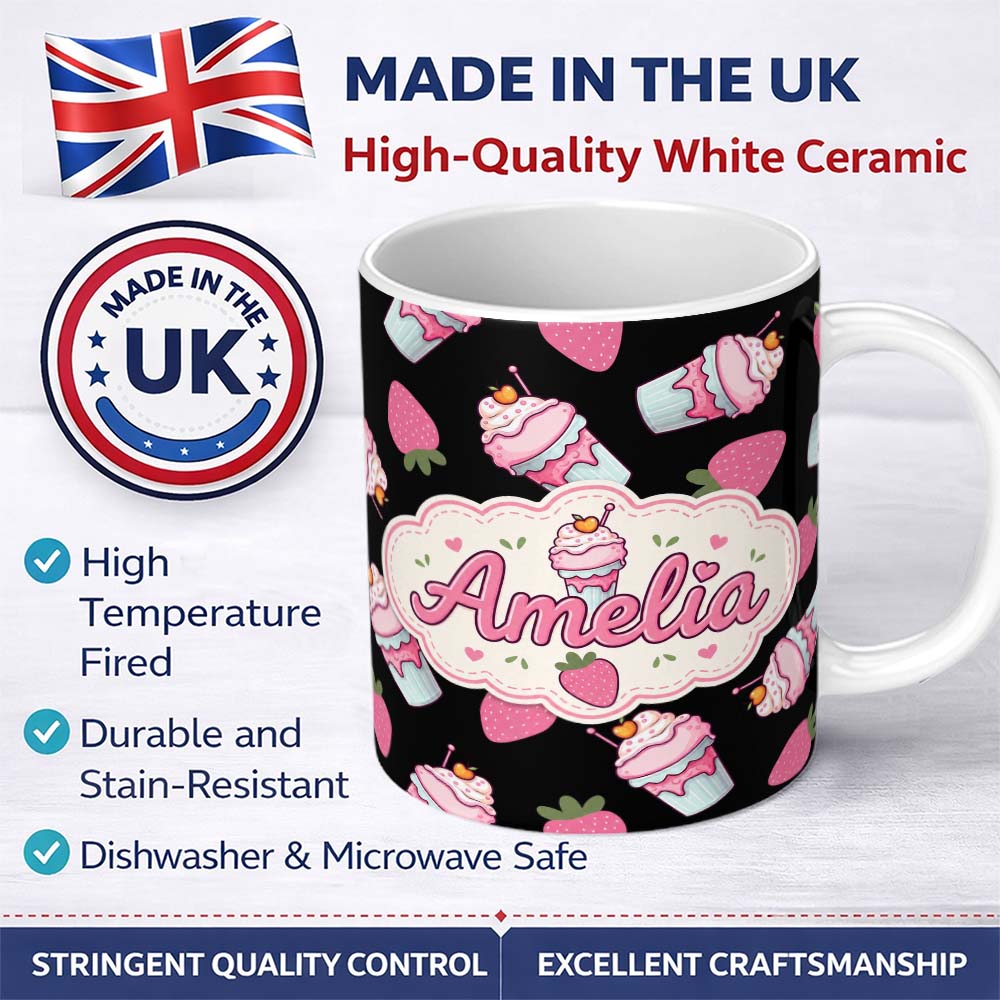 Personalized Custom Name Cute Strawberry Cupcakes with Pink Frosting Black Background 11oz Ceramic Coffee Tea Mug White Large Handle