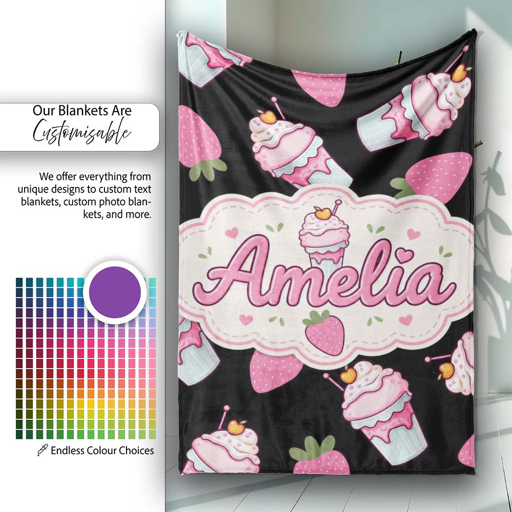 Cute Strawberry Cupcakes with Pink Frosting Black Background Personalised Custom Name Super Soft Fleece Blanket Bed Sofa Throw