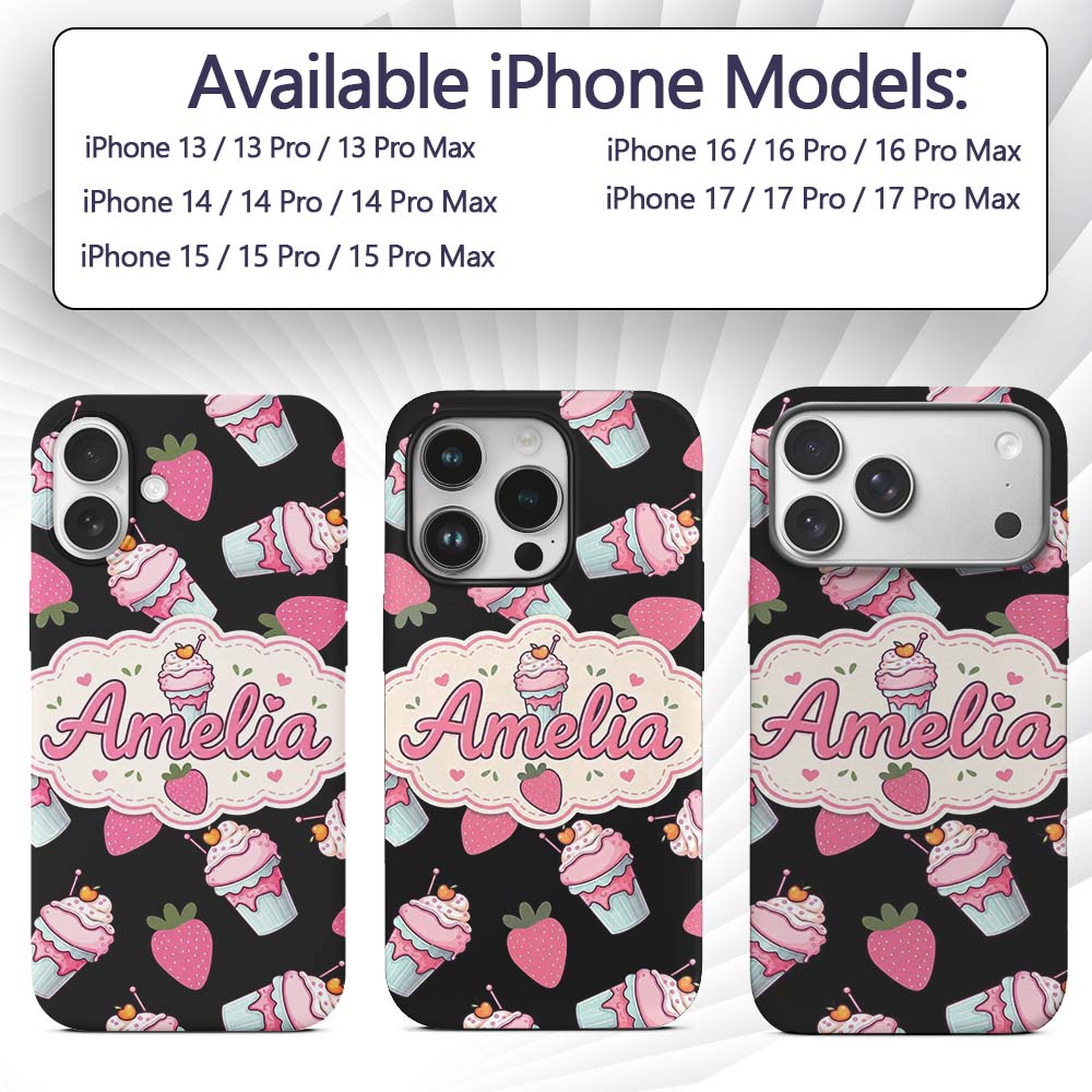Cute Strawberry Cupcakes with Pink Frosting Black Custom Name Protective Phone Case Mobile Cover Durable Everyday Smartphone Shock Resistant