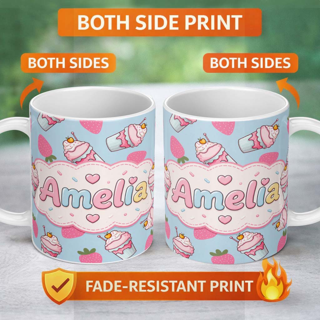 Personalized Custom Name Cute Strawberry Cupcakes with Pink Frosting Blue Background 11oz Ceramic Coffee Tea Mug White Large Handle
