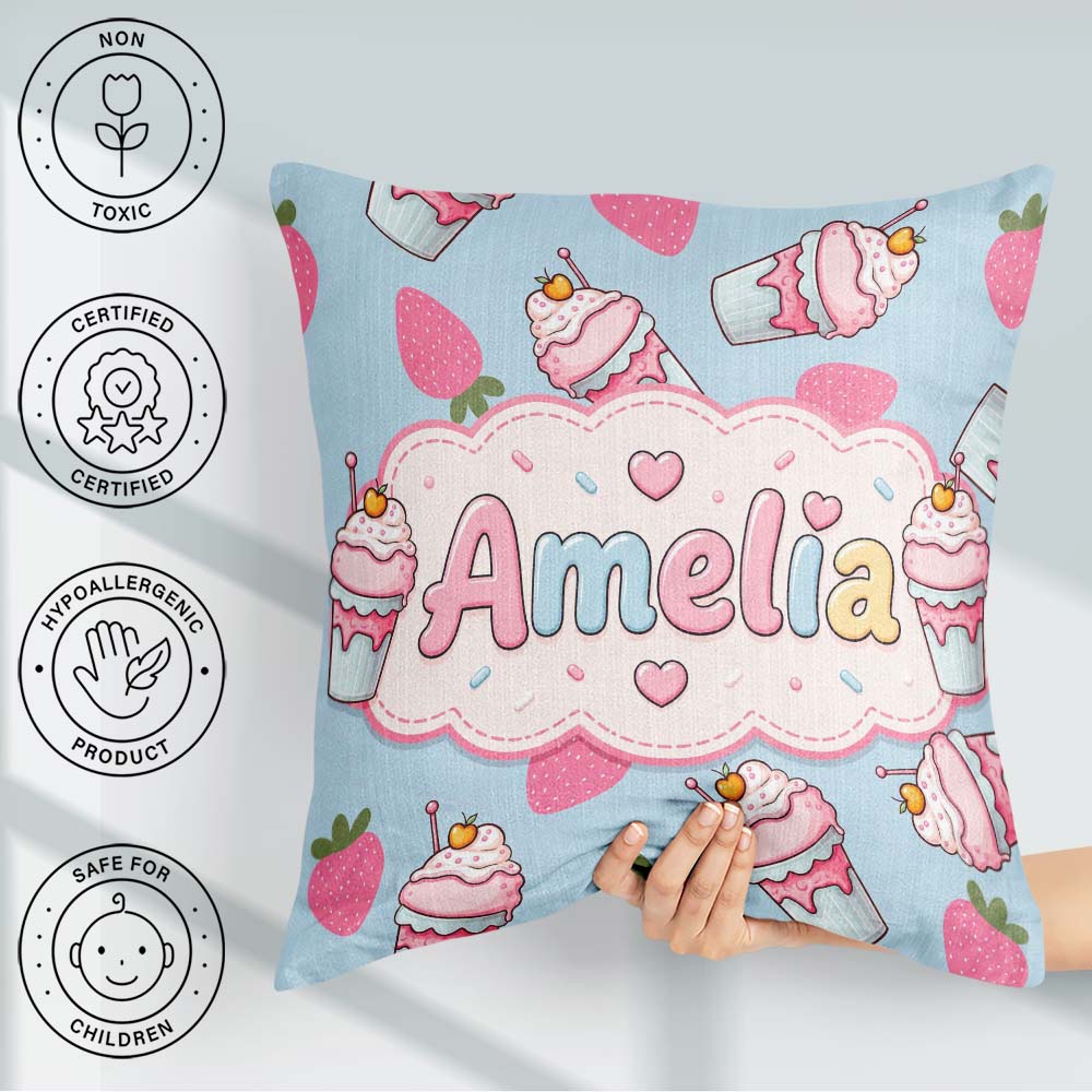 Custom Name Cute Strawberry Cupcakes with Pink Blue Background Square Filled Cushion Throw Pillow Sofa Bed Home Decor Zip Washable UK Made