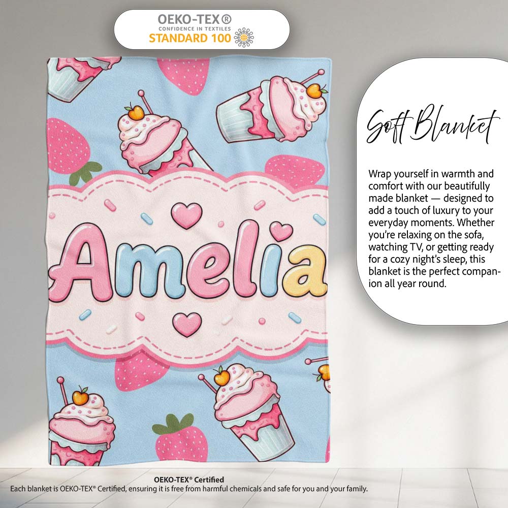 Cute Strawberry Cupcakes with Pink Frosting Blue Background Personalised Custom Name Super Soft Fleece Blanket Bed Sofa Throw