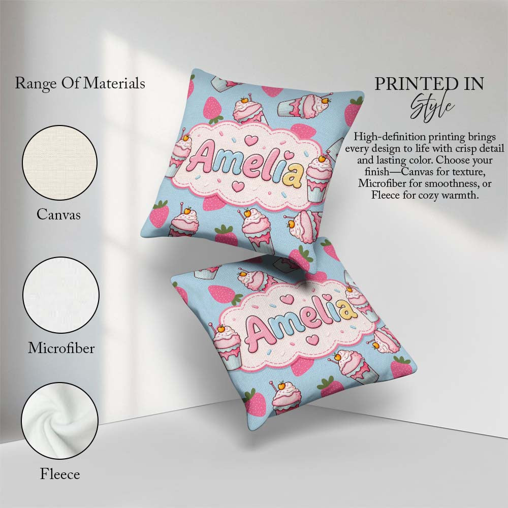 Custom Name Cute Strawberry Cupcakes with Pink Blue Background Square Filled Cushion Throw Pillow Sofa Bed Home Decor Zip Washable UK Made
