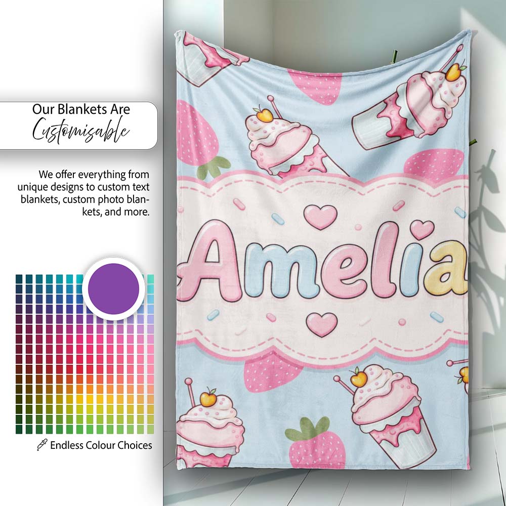 Cute Strawberry Cupcakes with Pink Frosting Blue Background Personalised Custom Name Super Soft Fleece Blanket Bed Sofa Throw