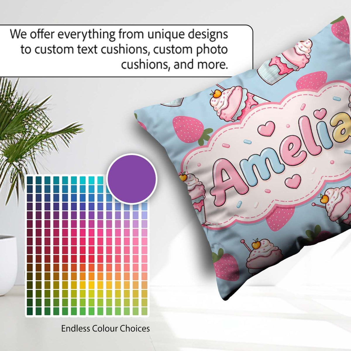 Custom Name Cute Strawberry Cupcakes with Pink Blue Background Square Filled Cushion Throw Pillow Sofa Bed Home Decor Zip Washable UK Made