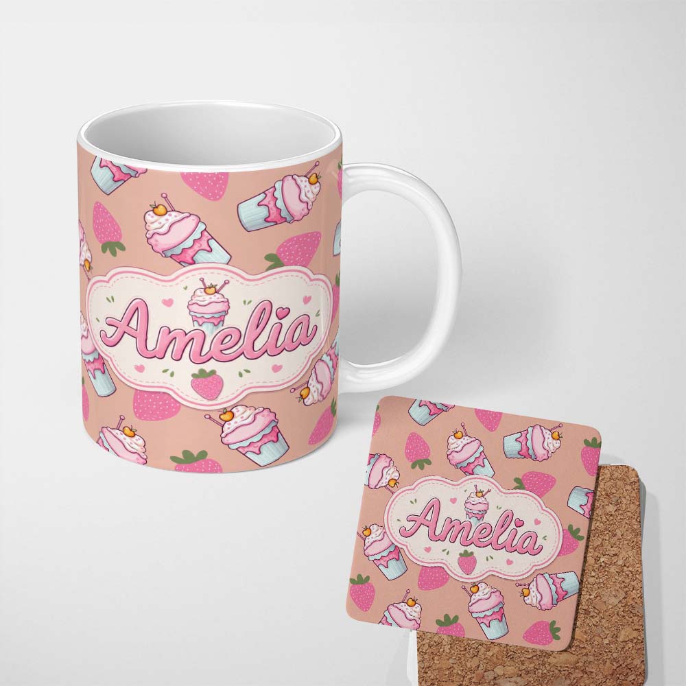 Personalized Custom Name Cute Strawberry Cupcakes with Pink Frosting Beige Background 11oz Ceramic Coffee Tea Mug White Large Handle