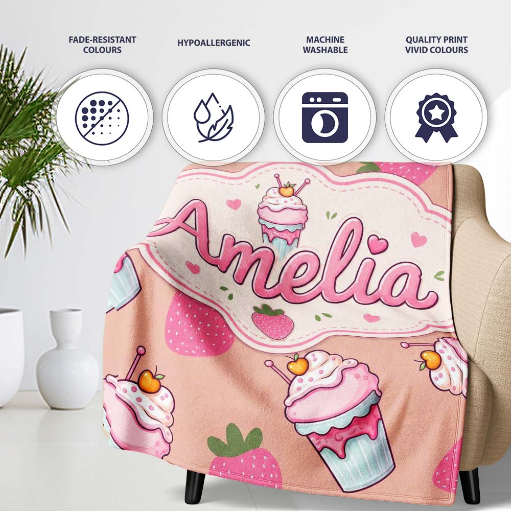 Cute Strawberry Cupcakes with Pink Frosting Beige Background Personalised Custom Name Super Soft Fleece Blanket Bed Sofa Throw