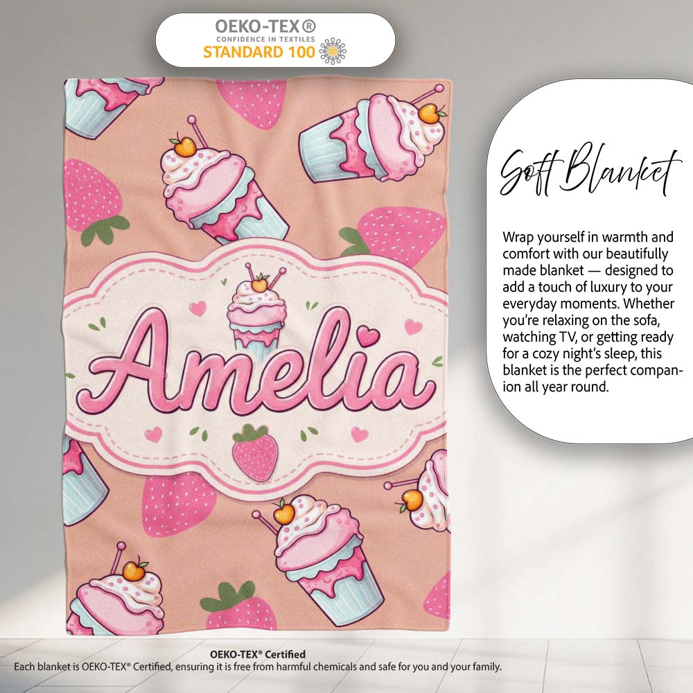Cute Strawberry Cupcakes with Pink Frosting Beige Background Personalised Custom Name Super Soft Fleece Blanket Bed Sofa Throw