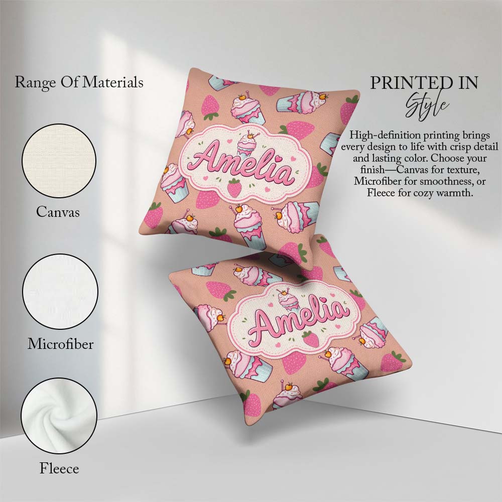 Custom Name Cute Strawberry Cupcakes with Pink Beige Background Square Filled Cushion Throw Pillow Sofa Bed Home Decor Zip Washable UK Made