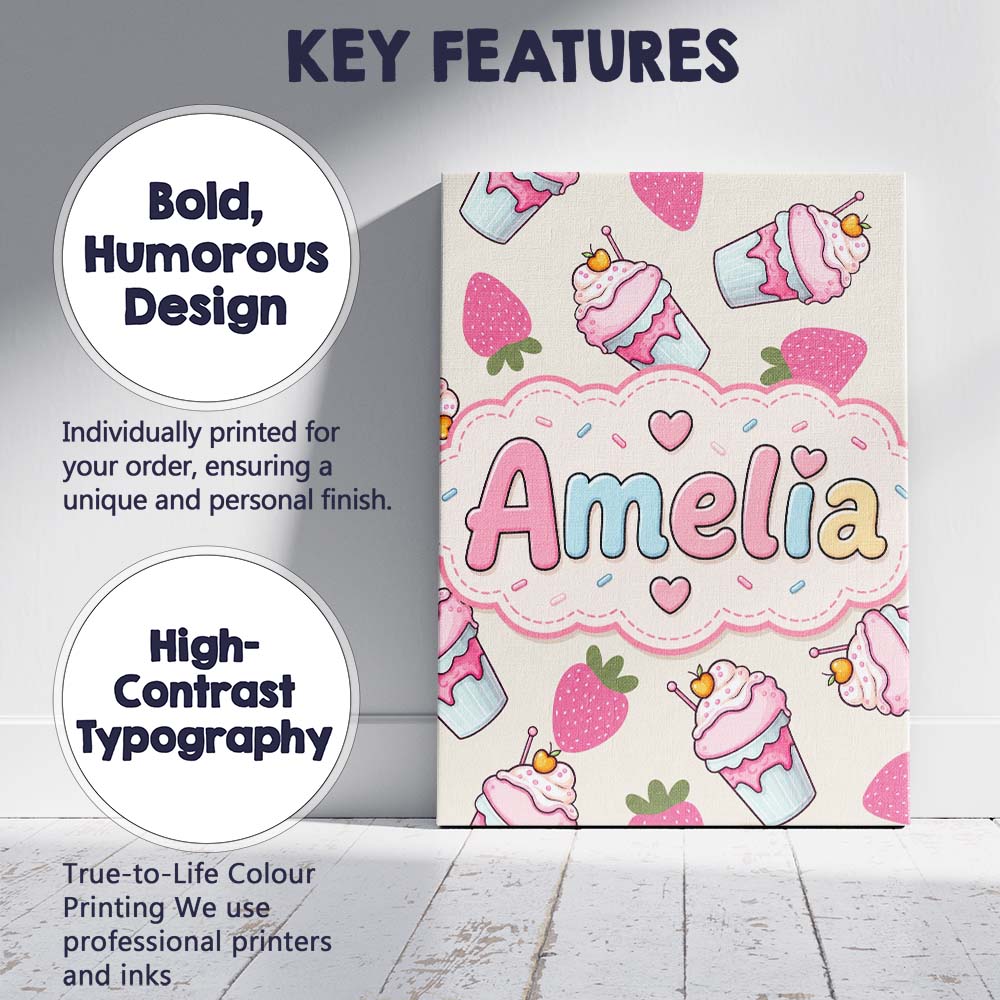 Personalised Name Cute Strawberry Cupcakes Custom Unique Gift Idea Elegant Feature Canvas Wall Art Print Decor Picture Ready to Hang