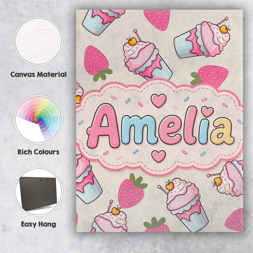 Personalised Name Cute Strawberry Cupcakes Custom Unique Gift Idea Elegant Feature Canvas Wall Art Print Decor Picture Ready to Hang