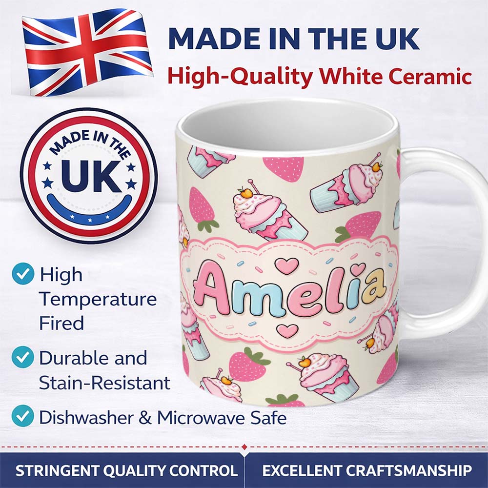 Personalized Custom Name Cute Strawberry Cupcakes and Sweet Treats on Cream Background 11oz Ceramic Coffee Tea Mug White Large Handle