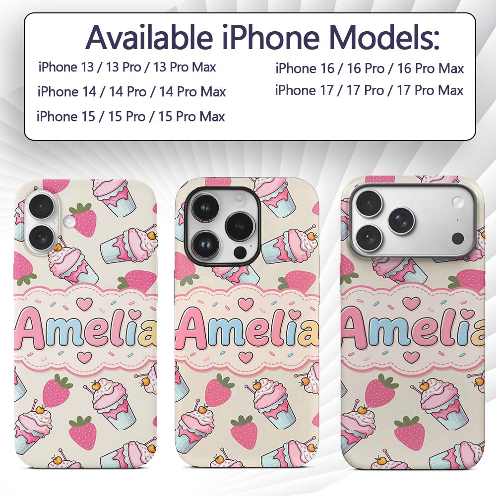 Cute Strawberry Cupcakes and Sweet Treats on Custom Name Protective Phone Case Mobile Cover Durable Everyday Smartphone Shock Resistant