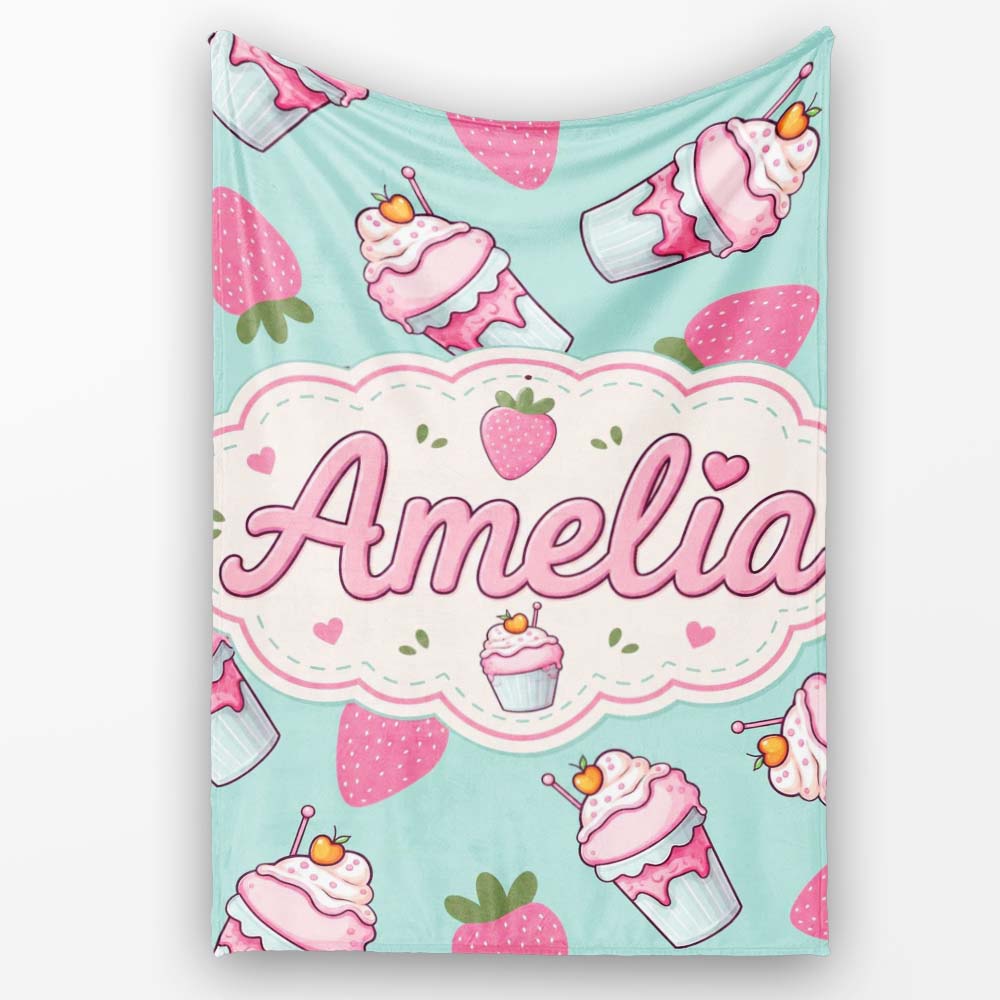 Cute Strawberry Cupcakes and Sweet Treats on Mint Background Personalised Custom Name Super Soft Fleece Blanket Bed Sofa Throw
