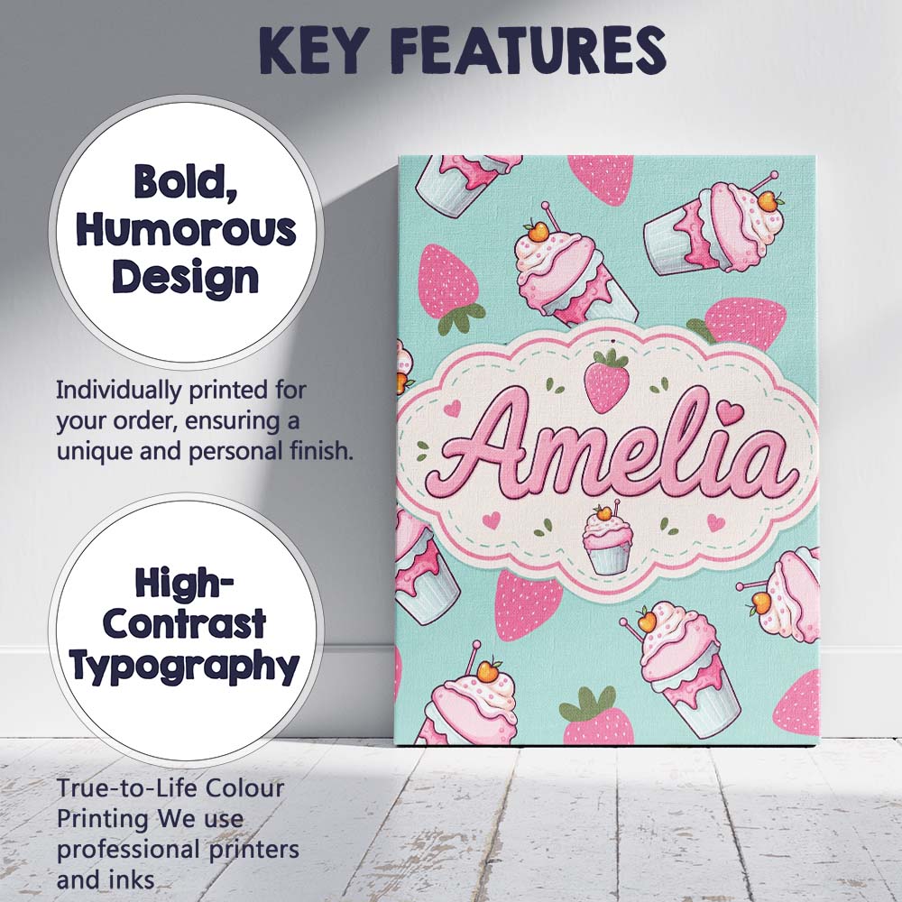 Personalised Name Cute Strawberry Cupcakes Custom Unique Gift Idea Elegant Feature Canvas Wall Art Print Decor Picture Ready to Hang