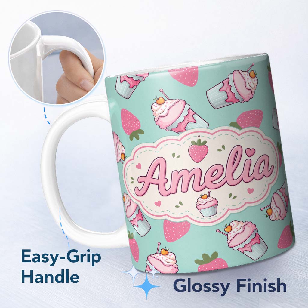 Personalized Custom Name Cute Strawberry Cupcakes and Sweet Treats on Mint Background 11oz Ceramic Coffee Tea Mug White Large Handle