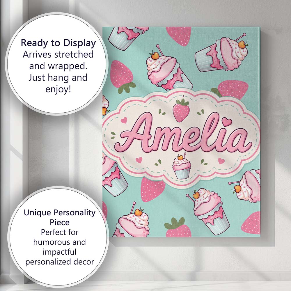 Personalised Name Cute Strawberry Cupcakes Custom Unique Gift Idea Elegant Feature Canvas Wall Art Print Decor Picture Ready to Hang
