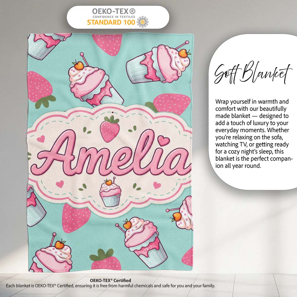 Cute Strawberry Cupcakes and Sweet Treats on Mint Background Personalised Custom Name Super Soft Fleece Blanket Bed Sofa Throw