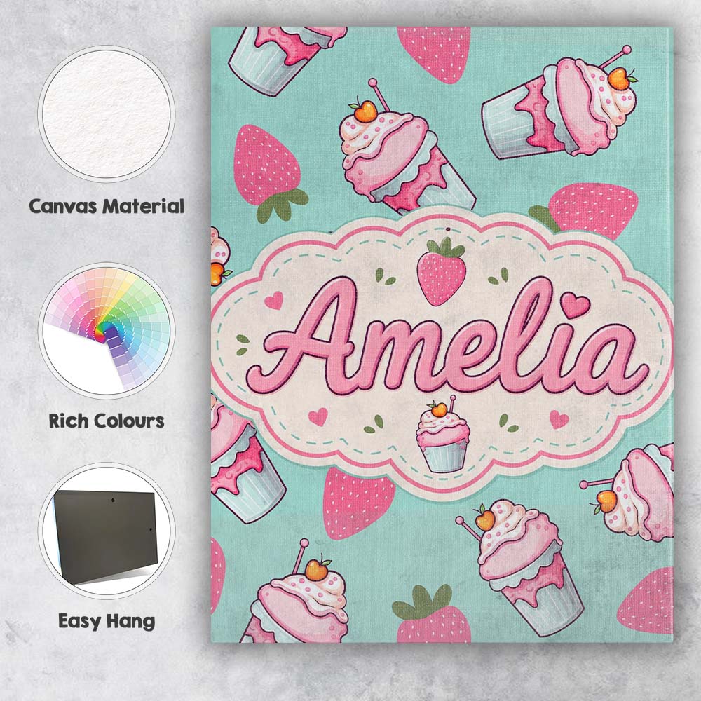 Personalised Name Cute Strawberry Cupcakes Custom Unique Gift Idea Elegant Feature Canvas Wall Art Print Decor Picture Ready to Hang