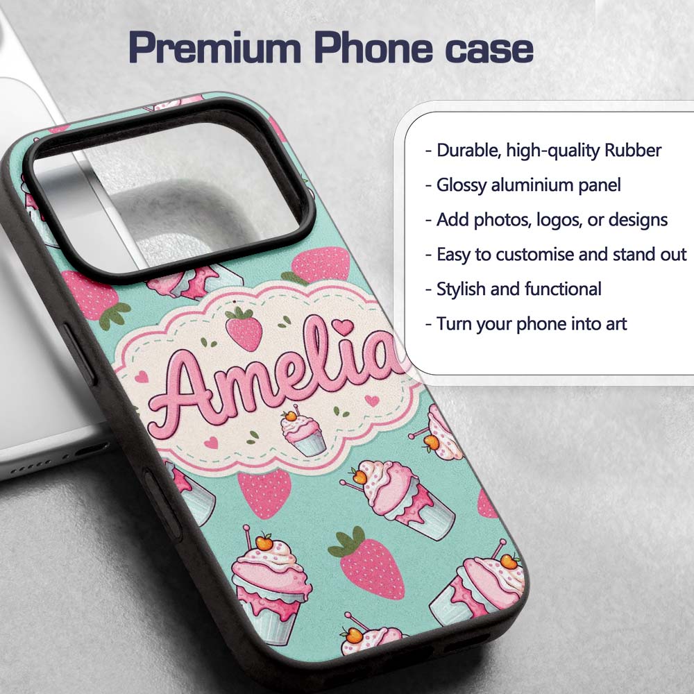 Cute Strawberry Cupcakes and Sweet Treats on Mint Custom Name Protective Phone Case Mobile Cover Durable Everyday Smartphone Shock Resistant