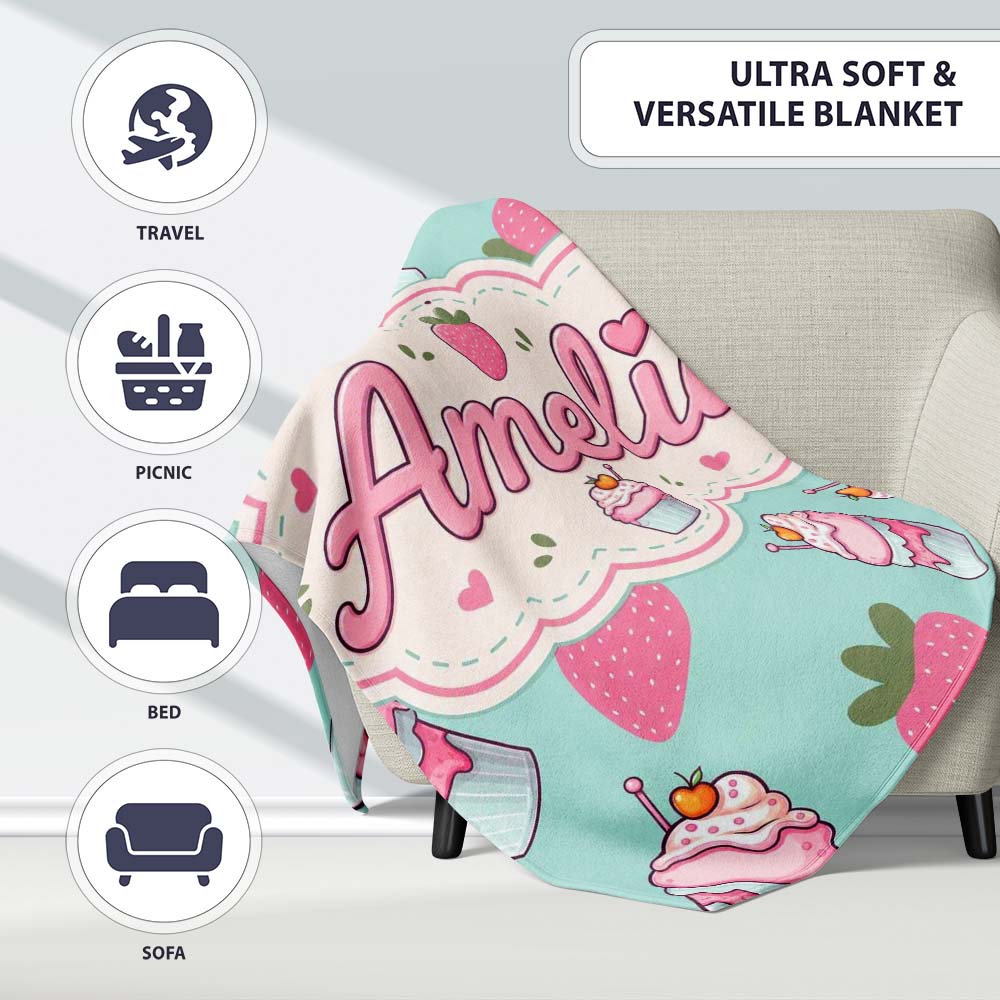 Cute Strawberry Cupcakes and Sweet Treats on Mint Background Personalised Custom Name Super Soft Fleece Blanket Bed Sofa Throw