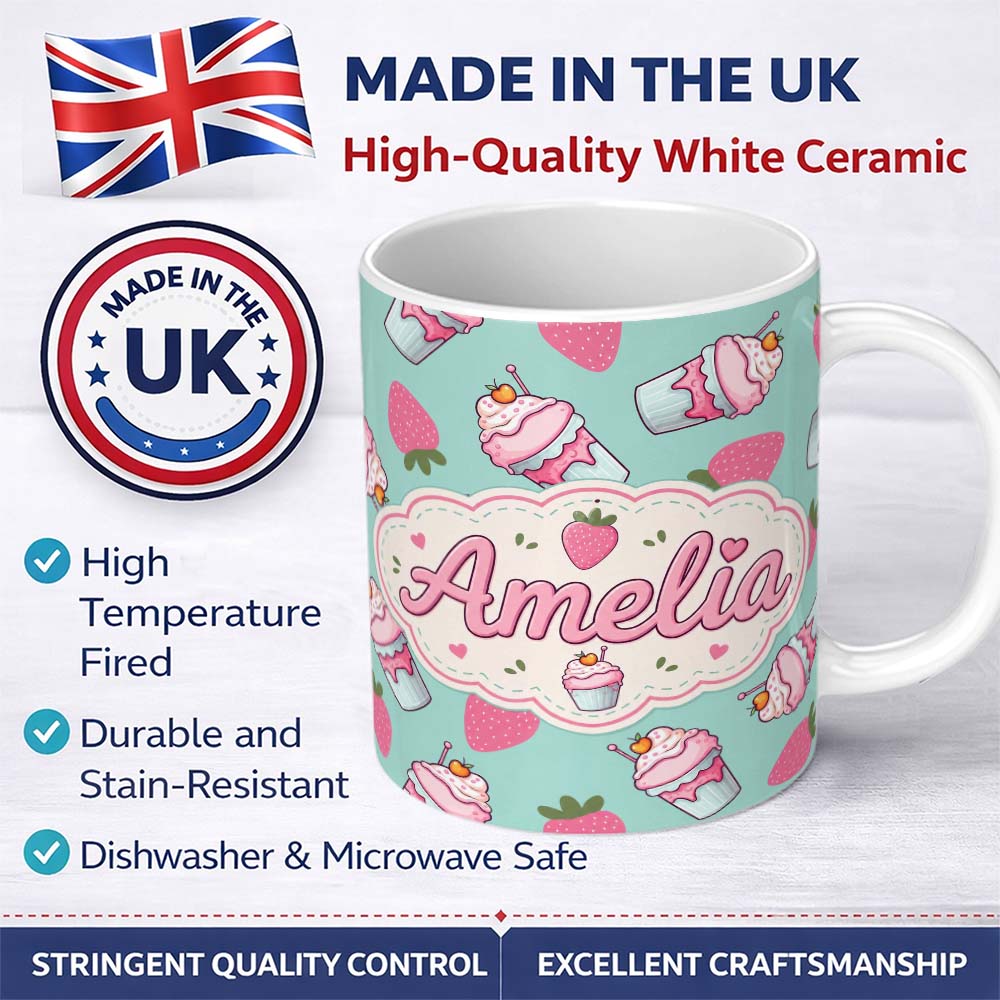 Personalized Custom Name Cute Strawberry Cupcakes and Sweet Treats on Mint Background 11oz Ceramic Coffee Tea Mug White Large Handle
