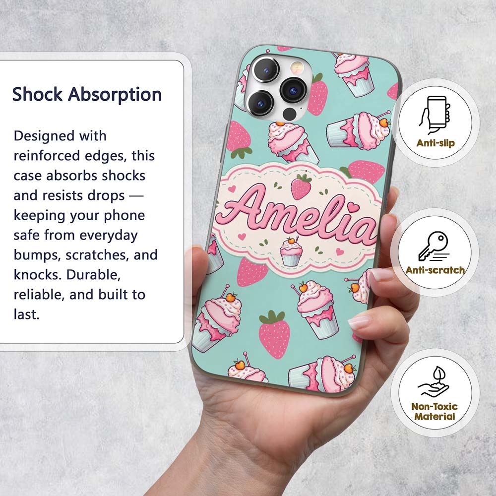 Cute Strawberry Cupcakes and Sweet Treats on Mint Custom Name Protective Phone Case Mobile Cover Durable Everyday Smartphone Shock Resistant