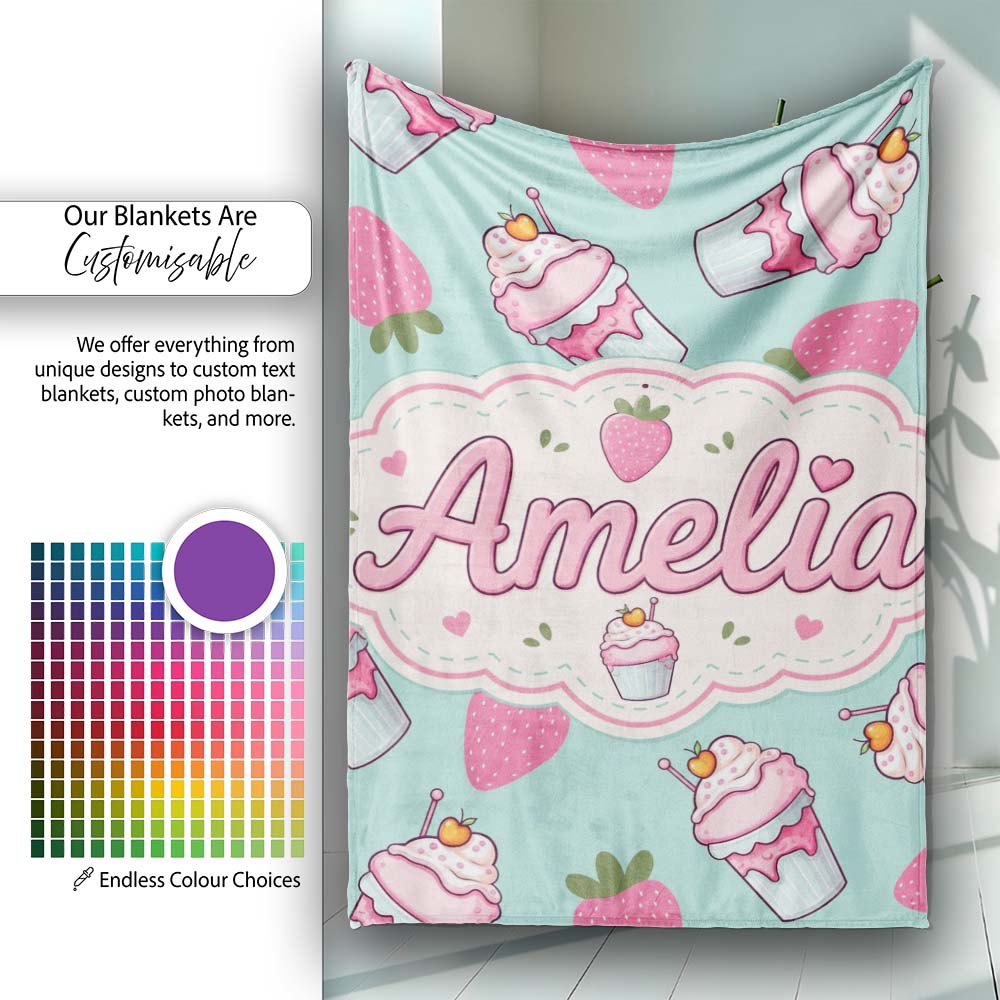 Cute Strawberry Cupcakes and Sweet Treats on Mint Background Personalised Custom Name Super Soft Fleece Blanket Bed Sofa Throw