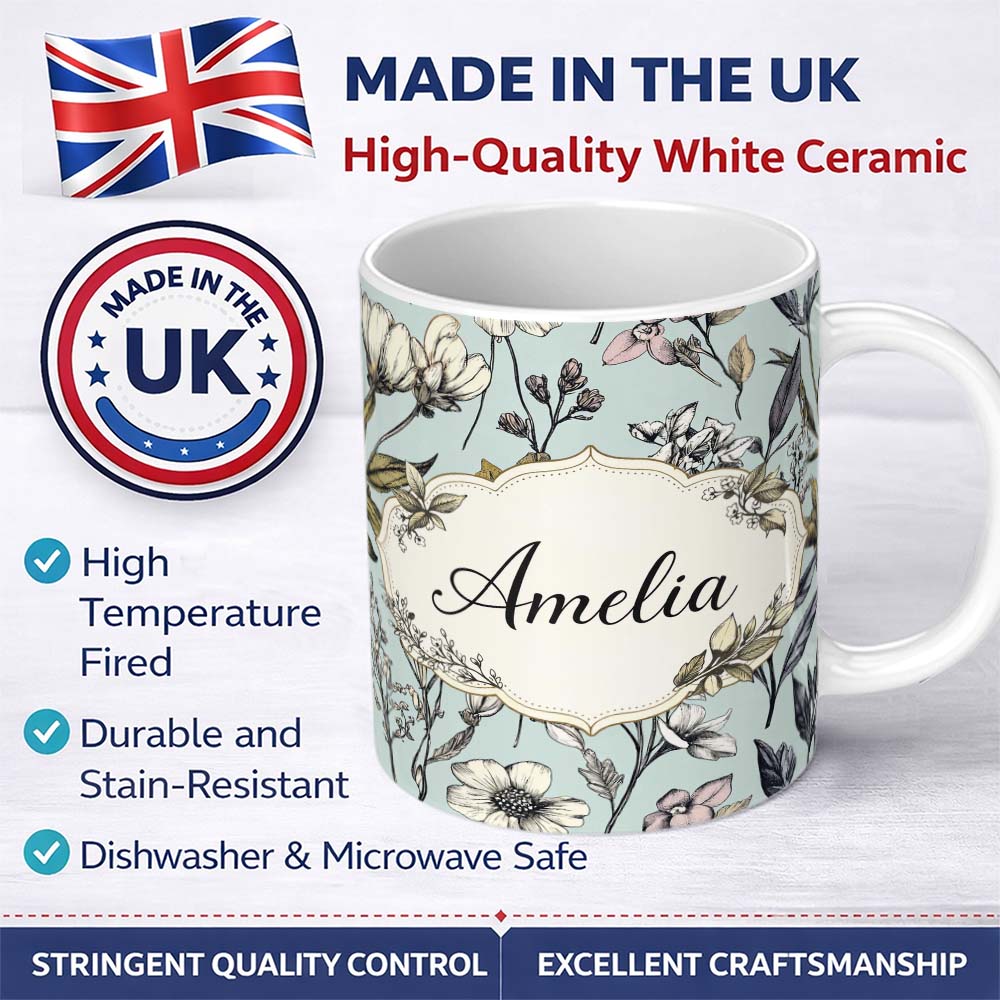 Personalized Custom Name Vintage Botanical Floral Sketch Pattern Blue Background Lovely 11oz Ceramic Coffee Tea Mug White Large Handle