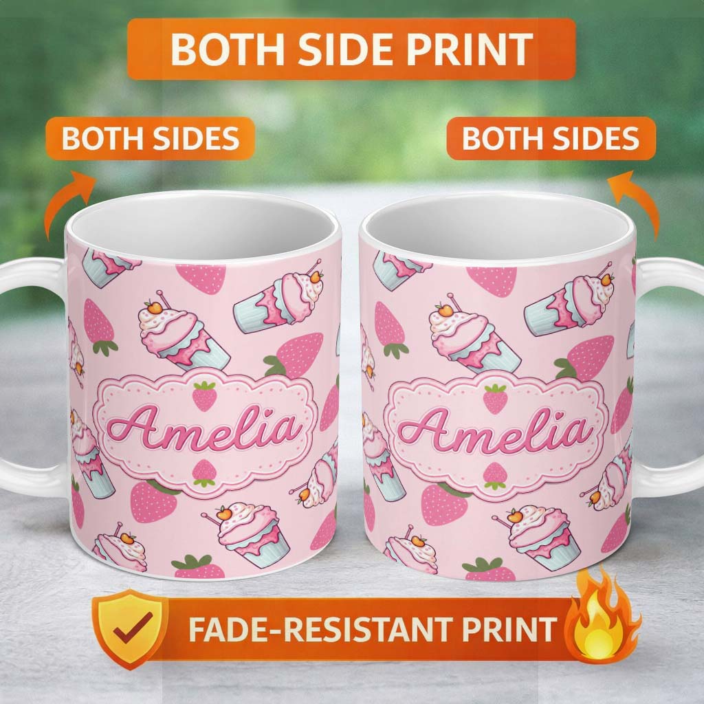 Personalized Custom Name Strawberry Cupcakes and Sweet Treats on Blush Pink Background 11oz Ceramic Coffee Tea Mug White Large Handle