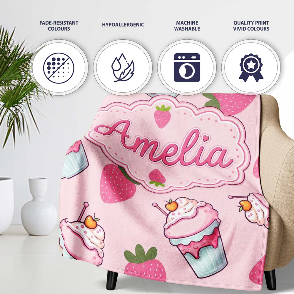 Strawberry Cupcakes and Sweet Treats on Blush Pink Background Personalised Custom Name Super Soft Fleece Blanket Bed Sofa Throw