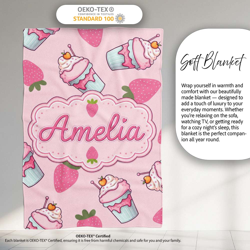 Strawberry Cupcakes and Sweet Treats on Blush Pink Background Personalised Custom Name Super Soft Fleece Blanket Bed Sofa Throw