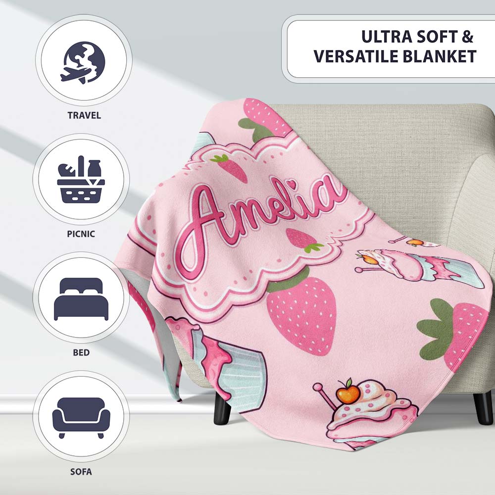 Strawberry Cupcakes and Sweet Treats on Blush Pink Background Personalised Custom Name Super Soft Fleece Blanket Bed Sofa Throw