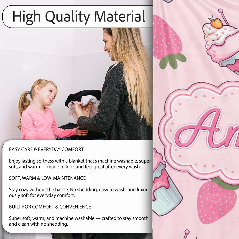 Strawberry Cupcakes and Sweet Treats on Blush Pink Background Personalised Custom Name Super Soft Fleece Blanket Bed Sofa Throw