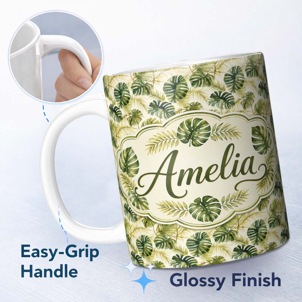 Personalized Custom Name Layered Tropical Monstera and Palm Leaves Natural Green Seamless 11oz Ceramic Coffee Tea Mug White Large Handle