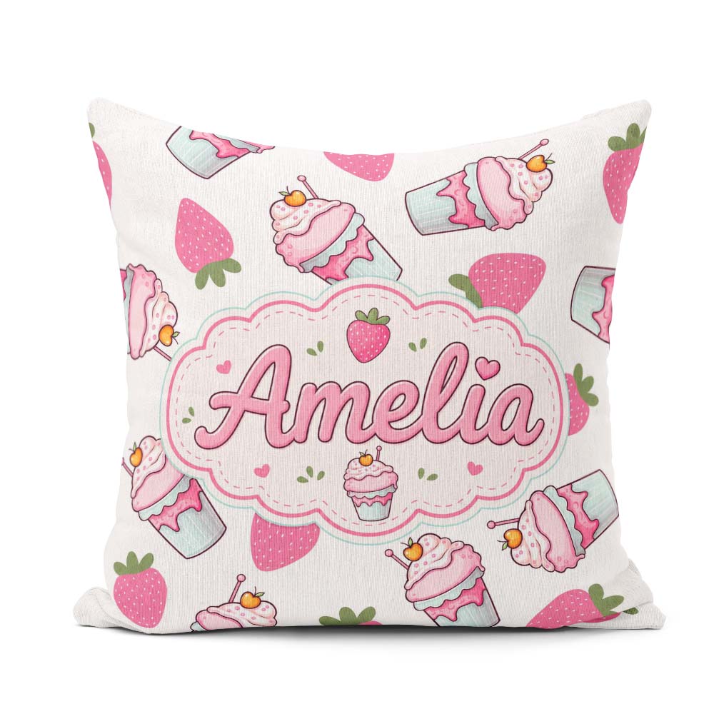 Custom Name Strawberry Cupcakes and Sweet Treats Grey Background Square Filled Cushion Throw Pillow Sofa Bed Home Decor Zip Washable UK Made