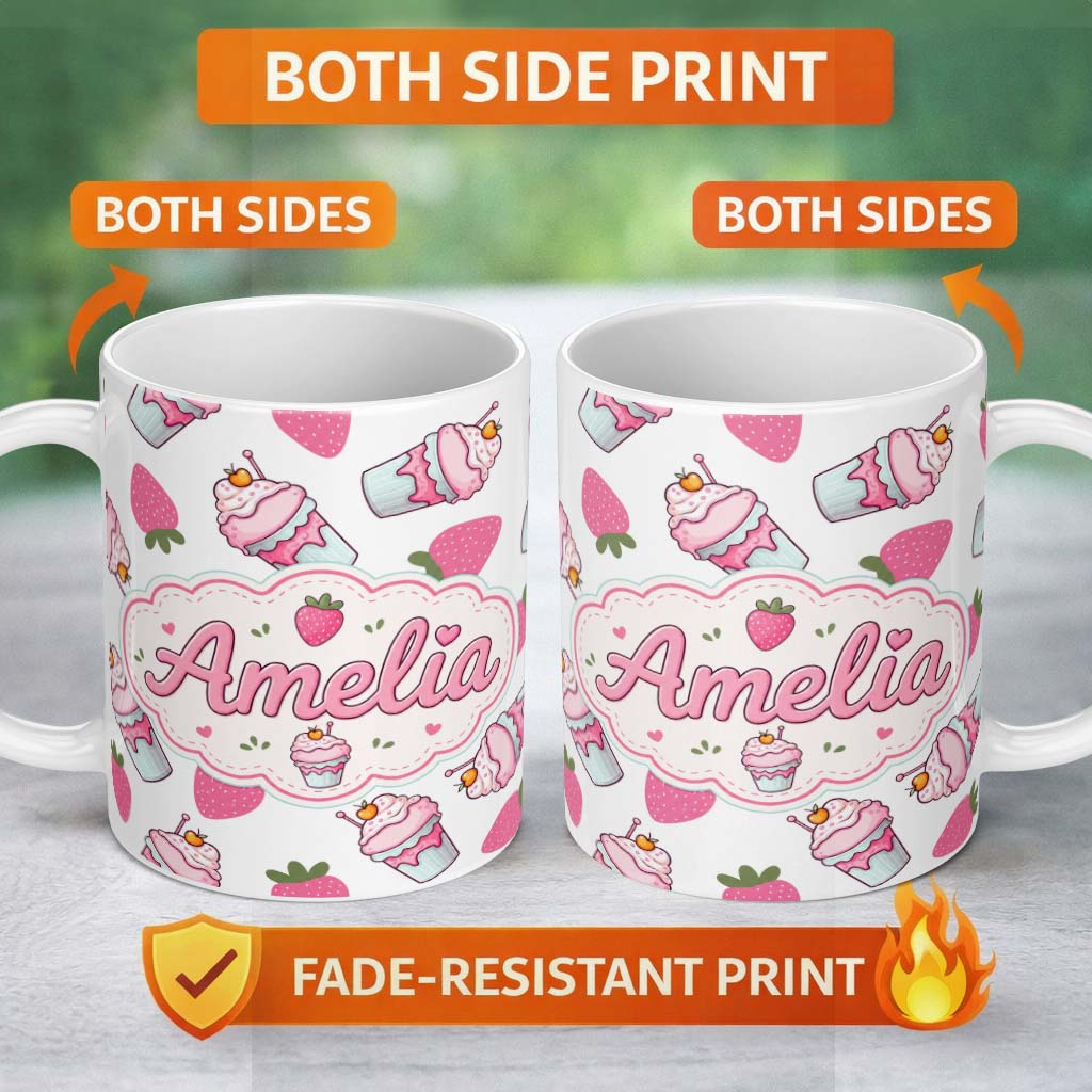 Personalized Custom Name Strawberry Cupcakes and Sweet Treats on Grey Background Seamless 11oz Ceramic Coffee Tea Mug White Large Handle