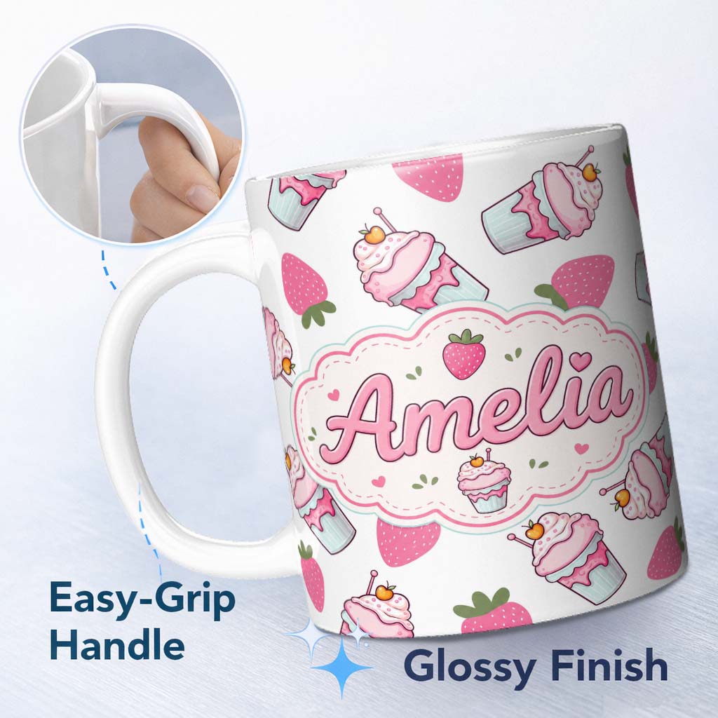 Personalized Custom Name Strawberry Cupcakes and Sweet Treats on Grey Background Seamless 11oz Ceramic Coffee Tea Mug White Large Handle