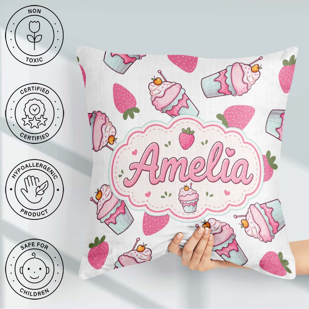 Custom Name Strawberry Cupcakes and Sweet Treats Grey Background Square Filled Cushion Throw Pillow Sofa Bed Home Decor Zip Washable UK Made
