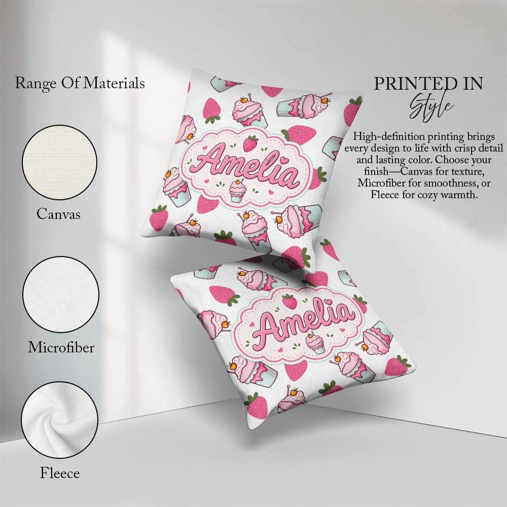 Custom Name Strawberry Cupcakes and Sweet Treats Grey Background Square Filled Cushion Throw Pillow Sofa Bed Home Decor Zip Washable UK Made