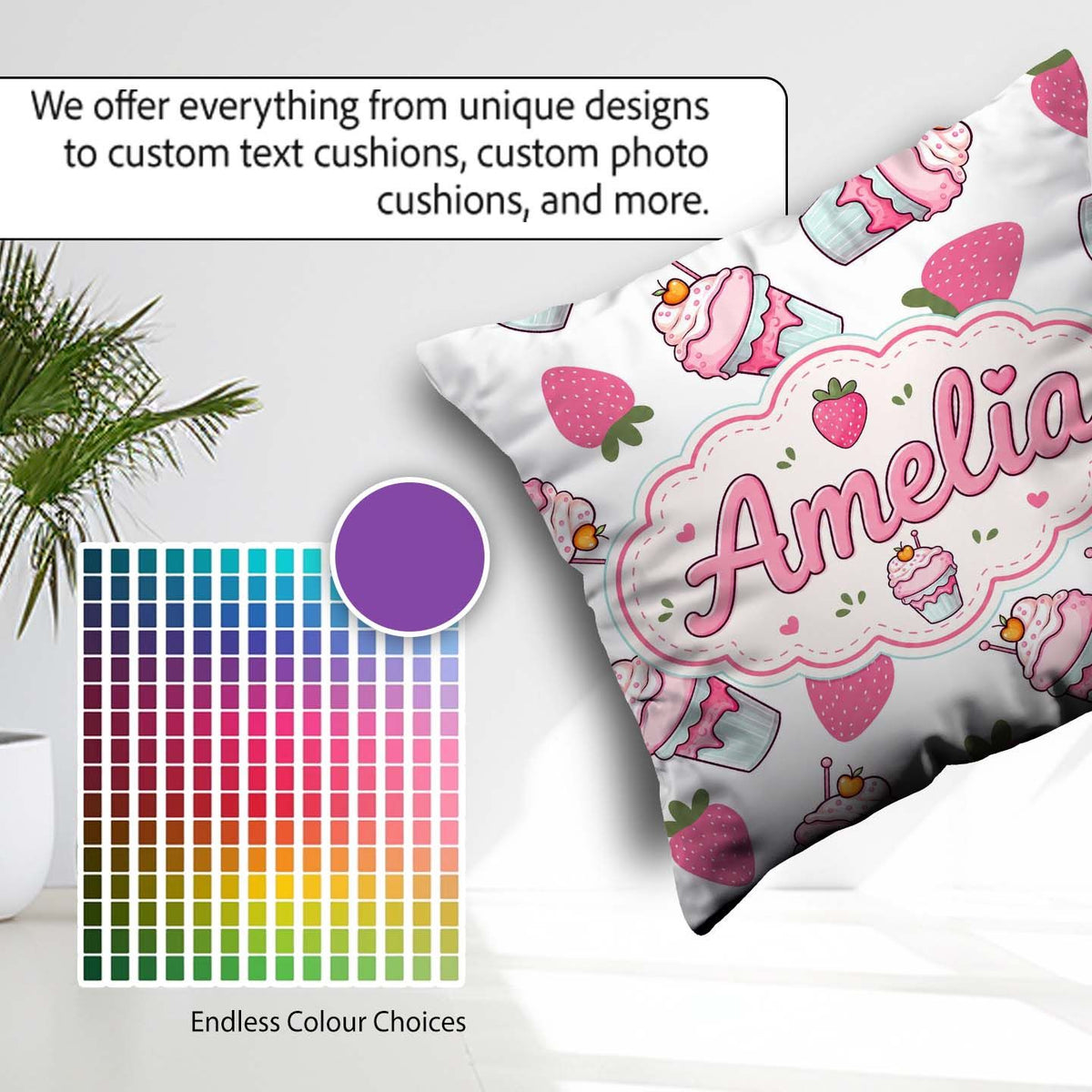 Custom Name Strawberry Cupcakes and Sweet Treats Grey Background Square Filled Cushion Throw Pillow Sofa Bed Home Decor Zip Washable UK Made